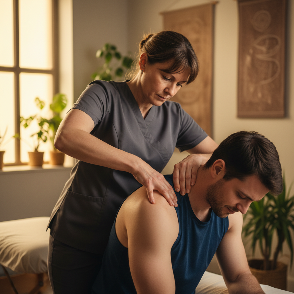 Therapist applying deep pressure to a client's back for pain relief.