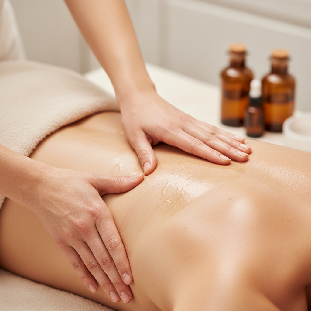 Close-up of a deep tissue massage focusing on shoulder muscles.