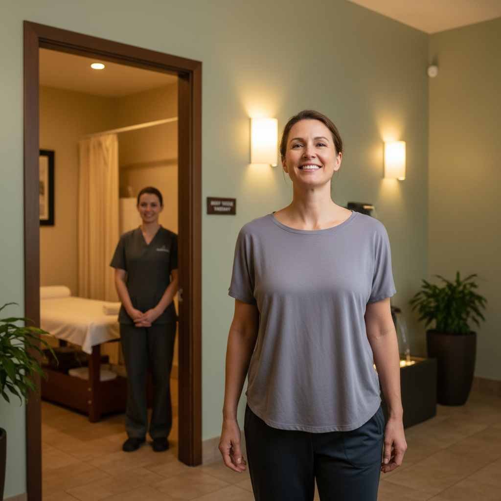 Therapist's hands ready to perform a massage in a professional setting.