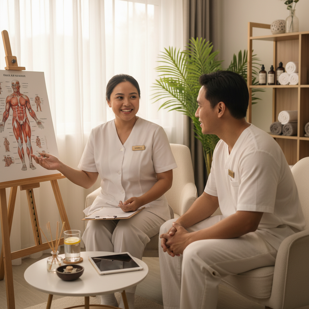 A serene spa setting with massage oils and towels